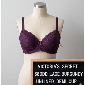 Victoria's Secret 38DDD Bra Burgundy Plum Purple Floral Lace Unlined Demi Cup